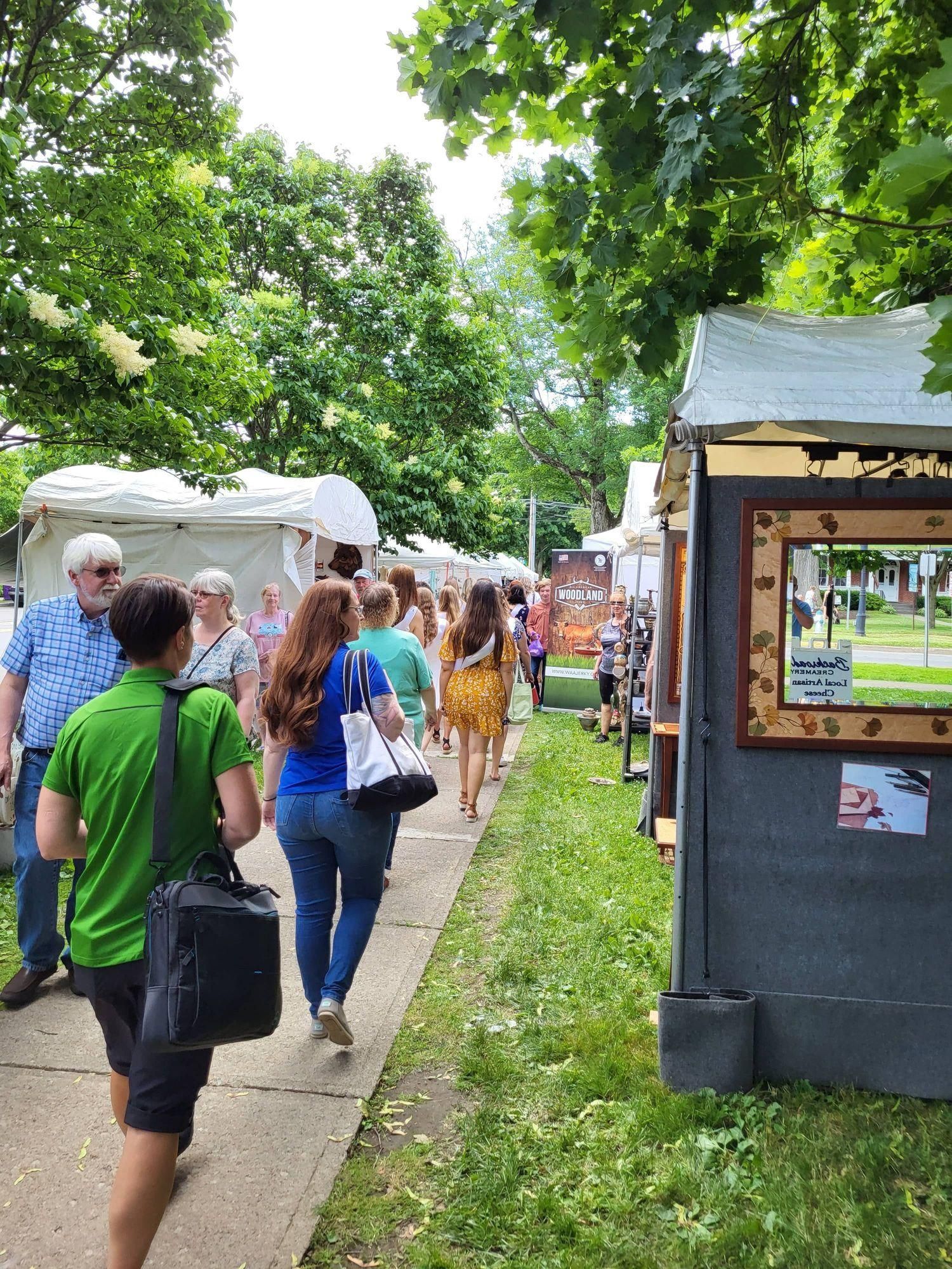 A group of people are walking down a sidewalk in a park.
