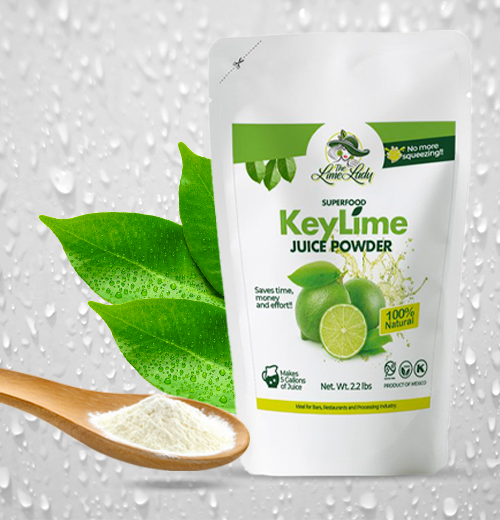 A bag of key lime juice powder next to a spoon