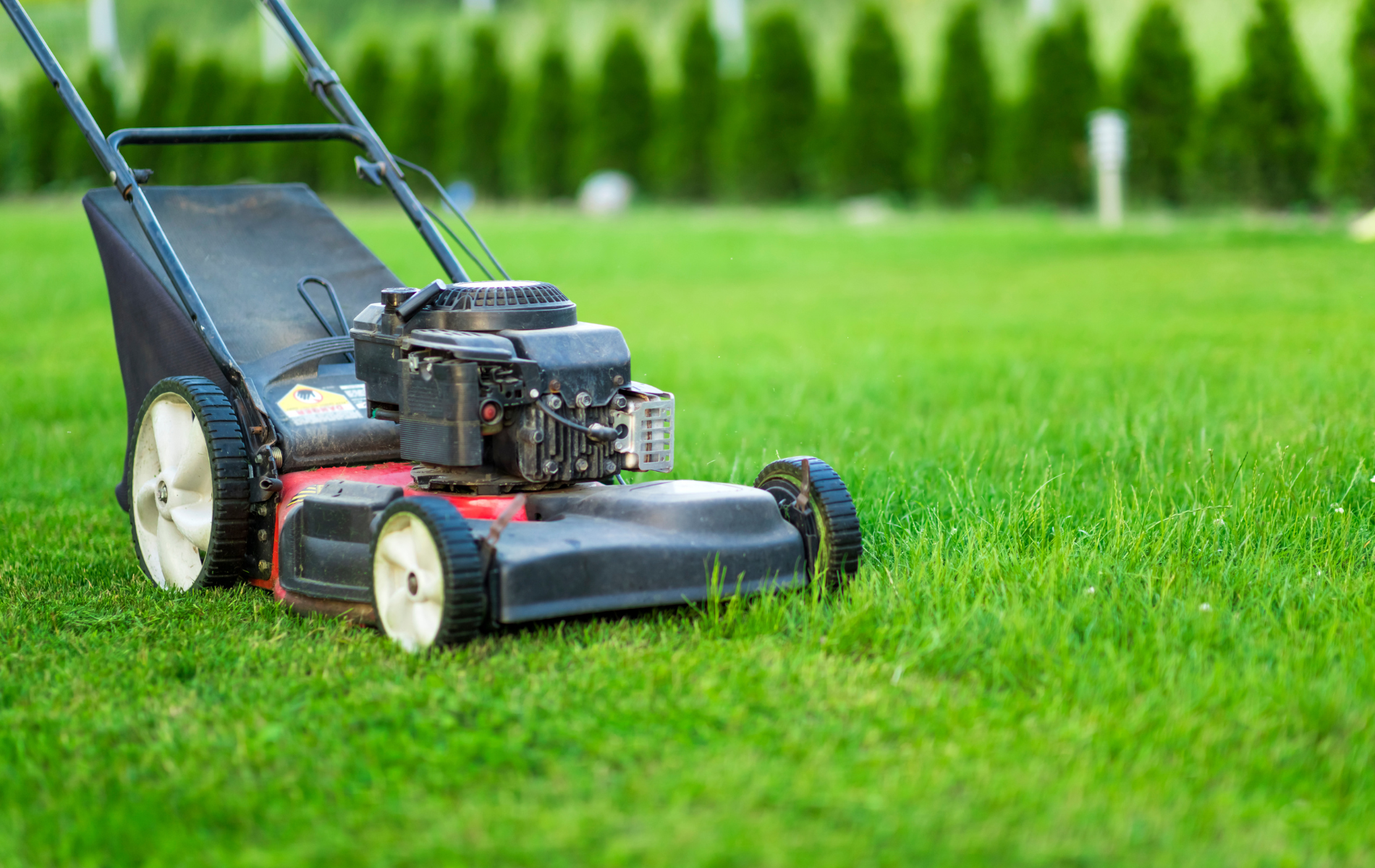A lawn mower is sitting on top of a lush green lawn.