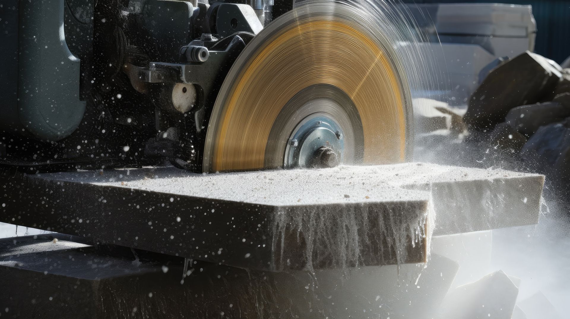 Close-up of a CNC stone machine cutting through a slab 