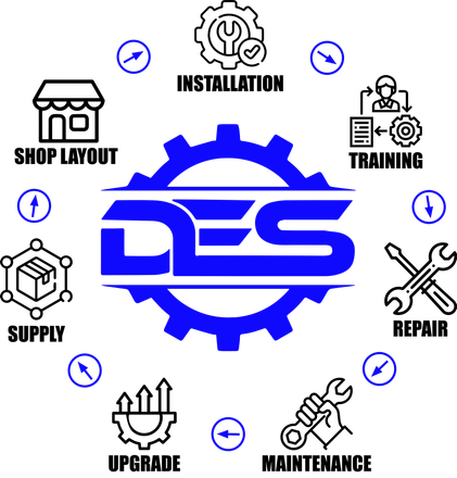 a blue gear with the word des on it and various icons around it .