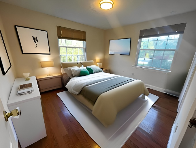 A bedroom with a large bed and two windows