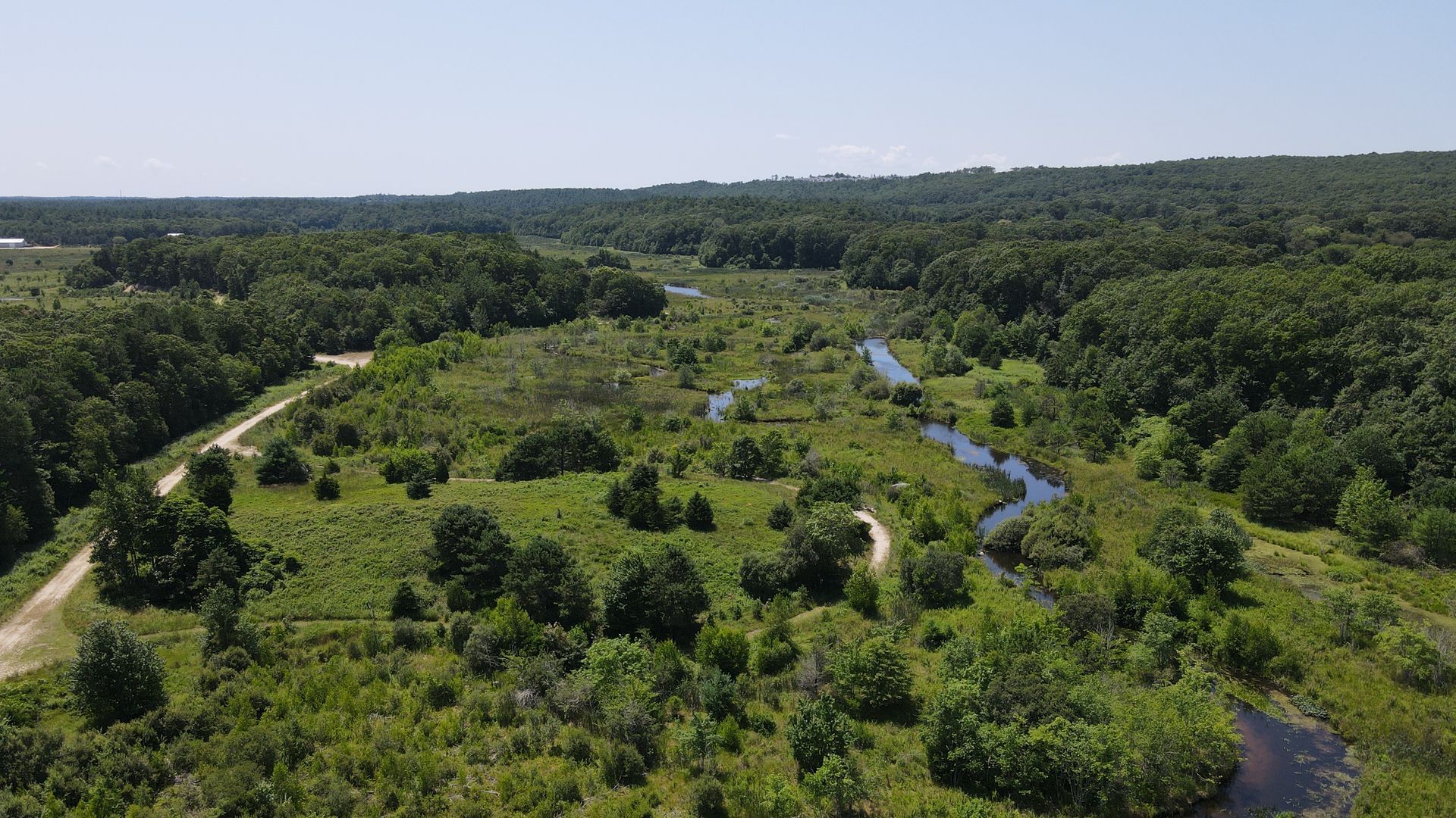 An aerial view of a river running through a lush green forest.