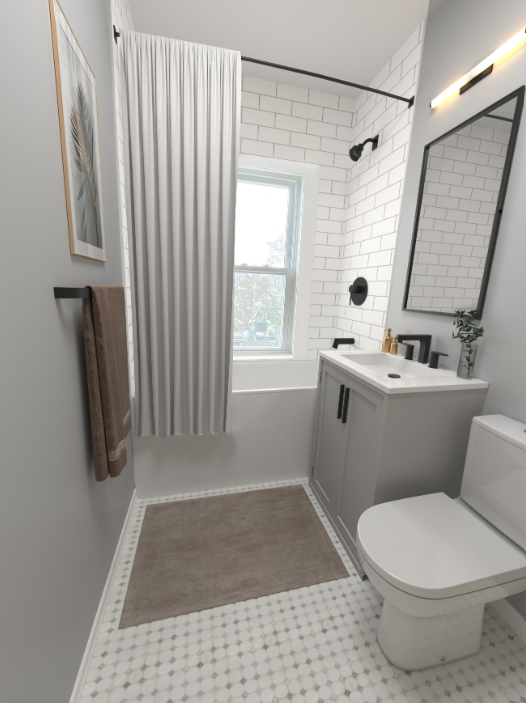 A bathroom with a toilet , sink , and bathtub.