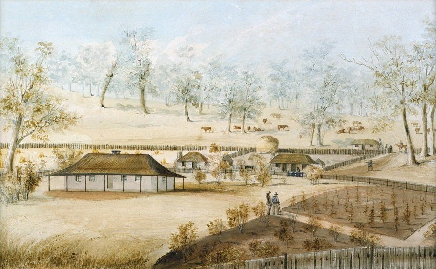 An early watercolour painting of Bungaree Homestead and garden circa 1850