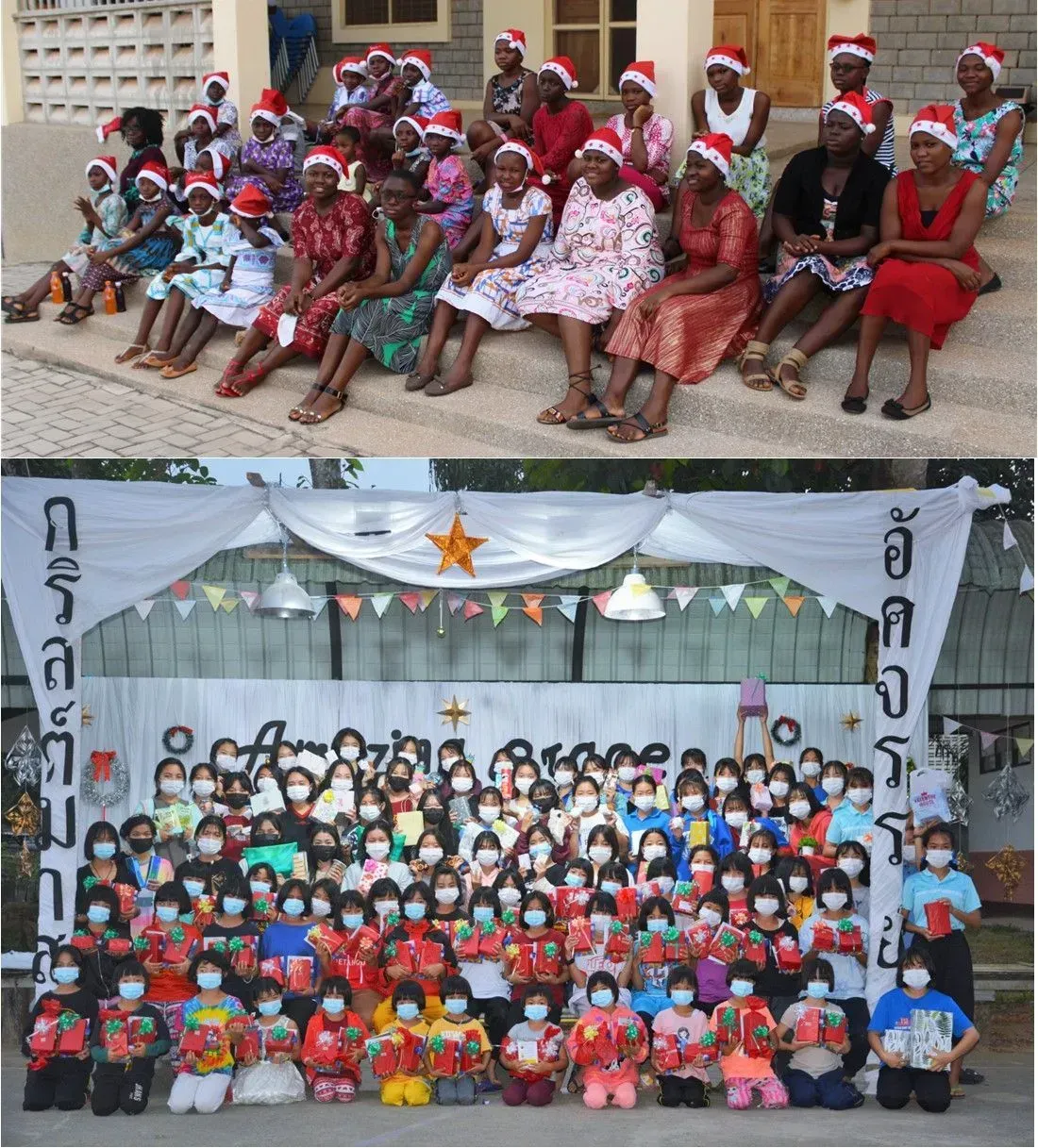 A group of people wearing santa hats are posing for a picture