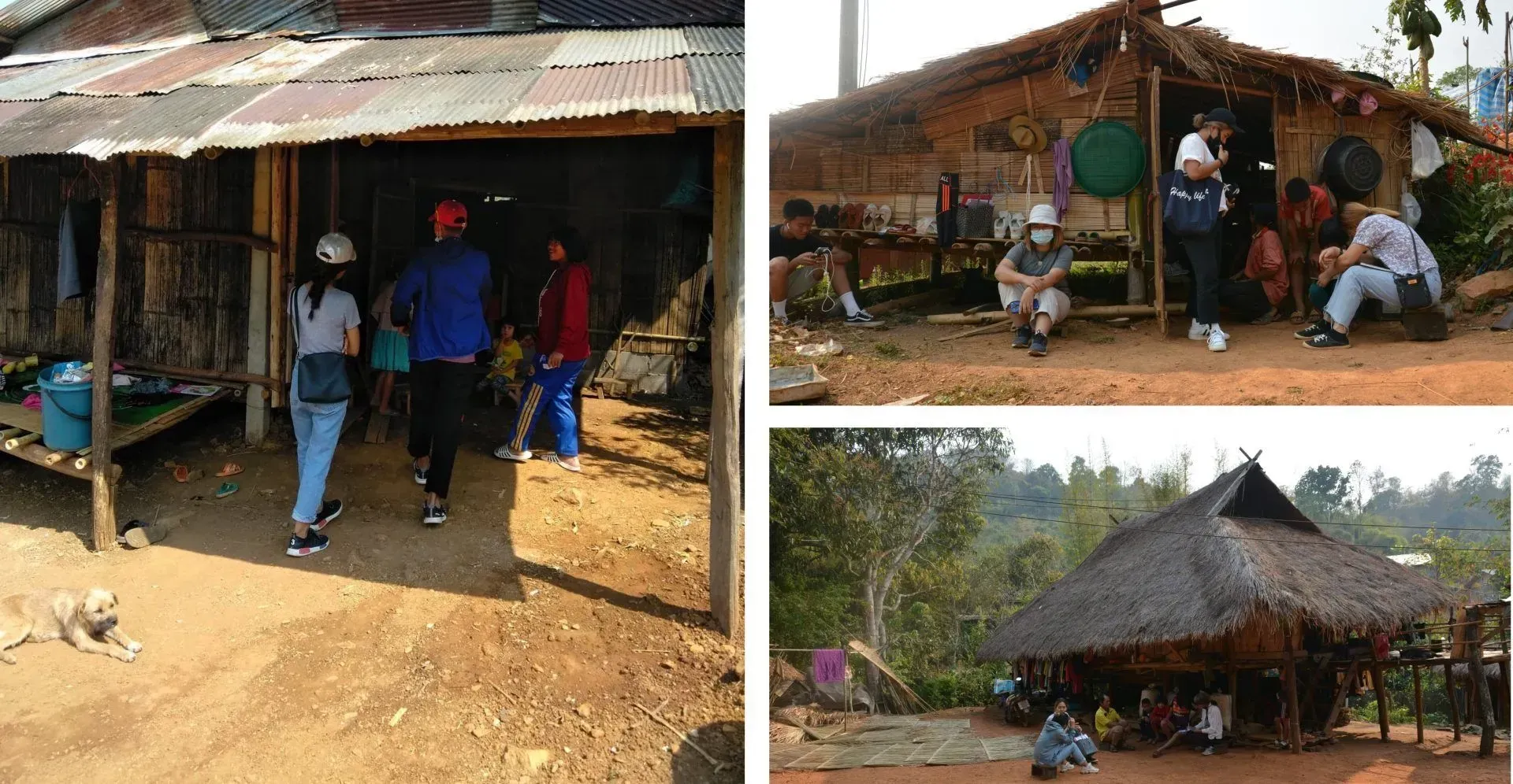 A group of people are standing outside of a hut.