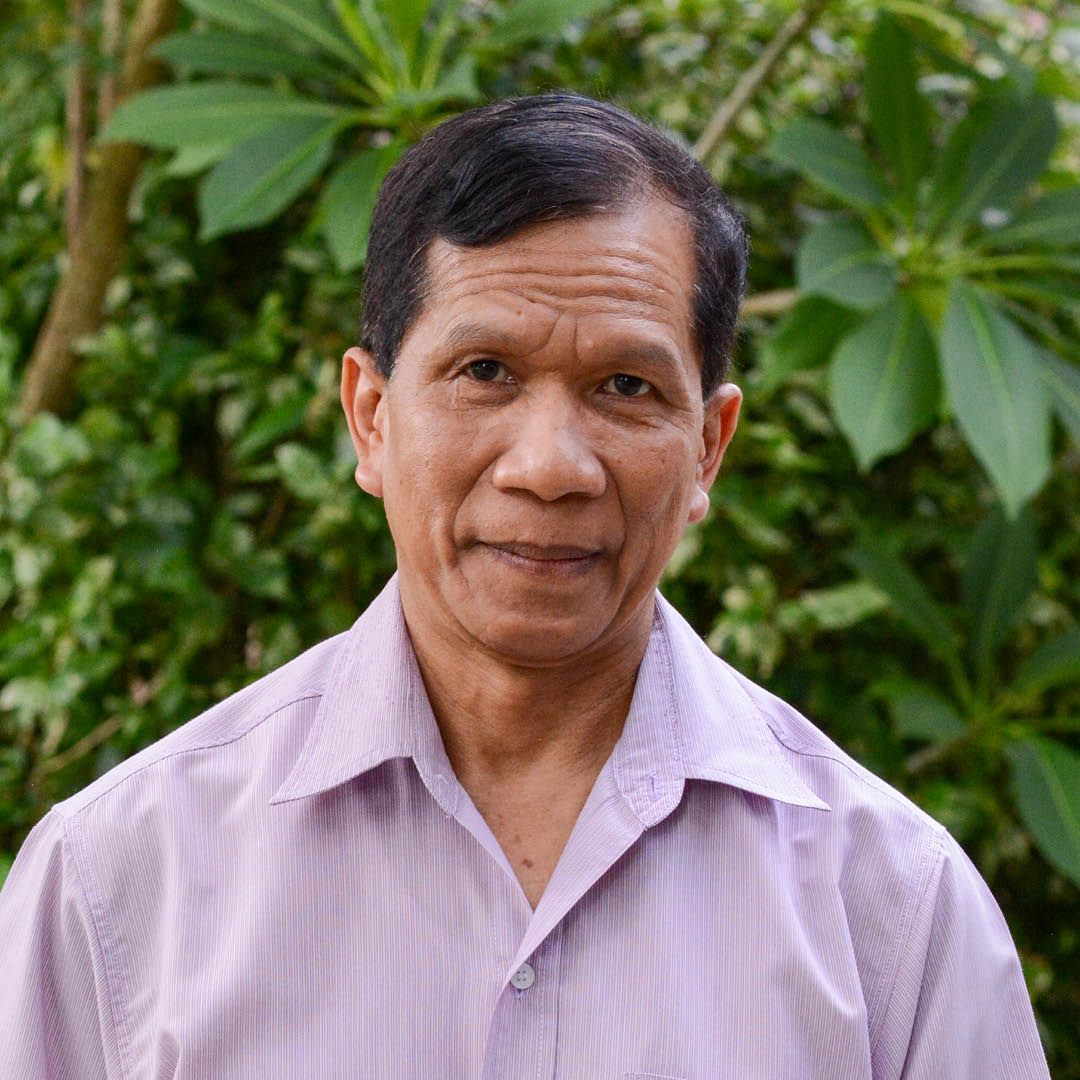 A man in a purple shirt is standing in front of a bush.