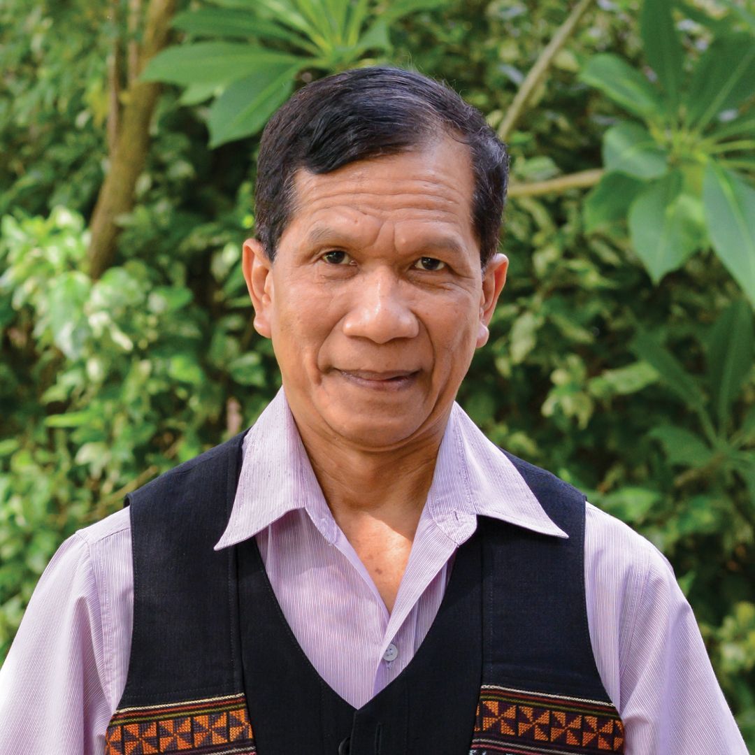 A man in a purple shirt is standing in front of a bush.