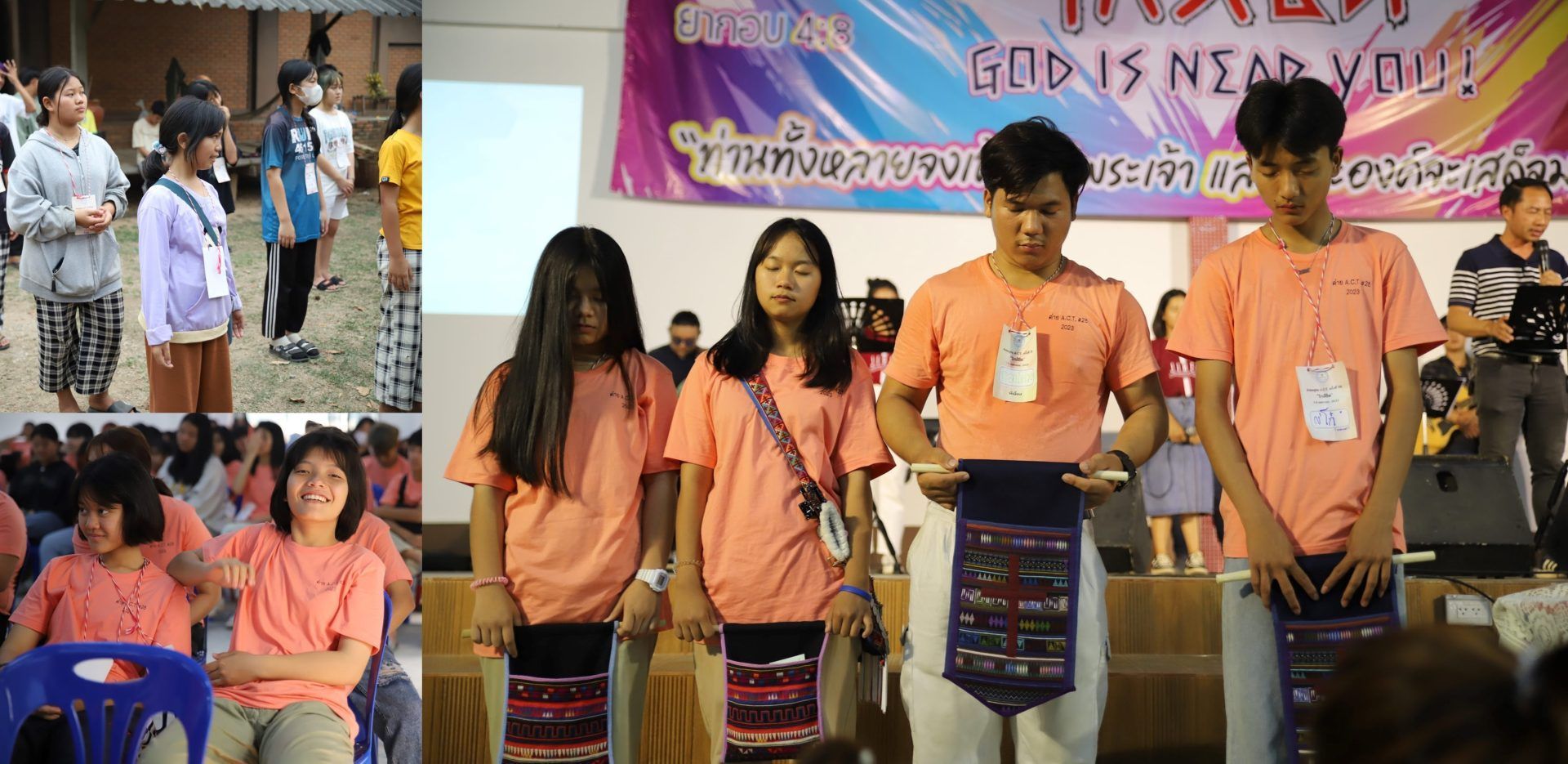 A group of people standing in front of a sign that says god is near you