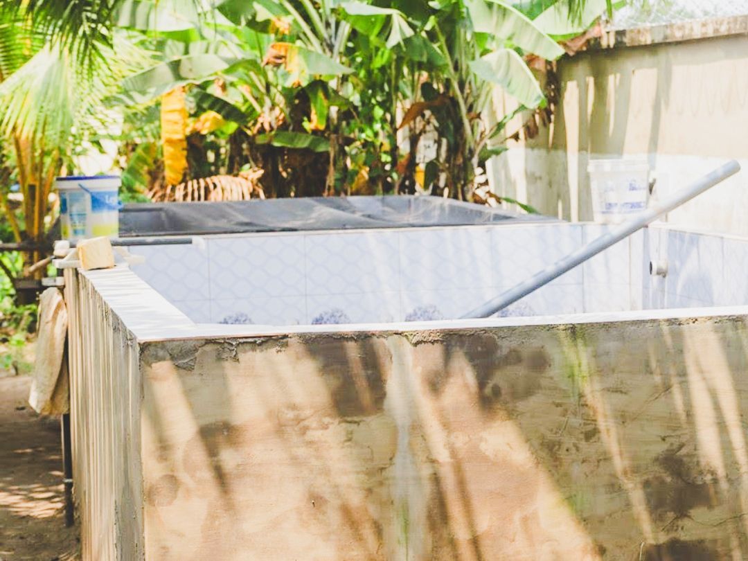 Concrete tanks in an outdoor setting, likely for water storage, with a gray cover and a PVC pipe.