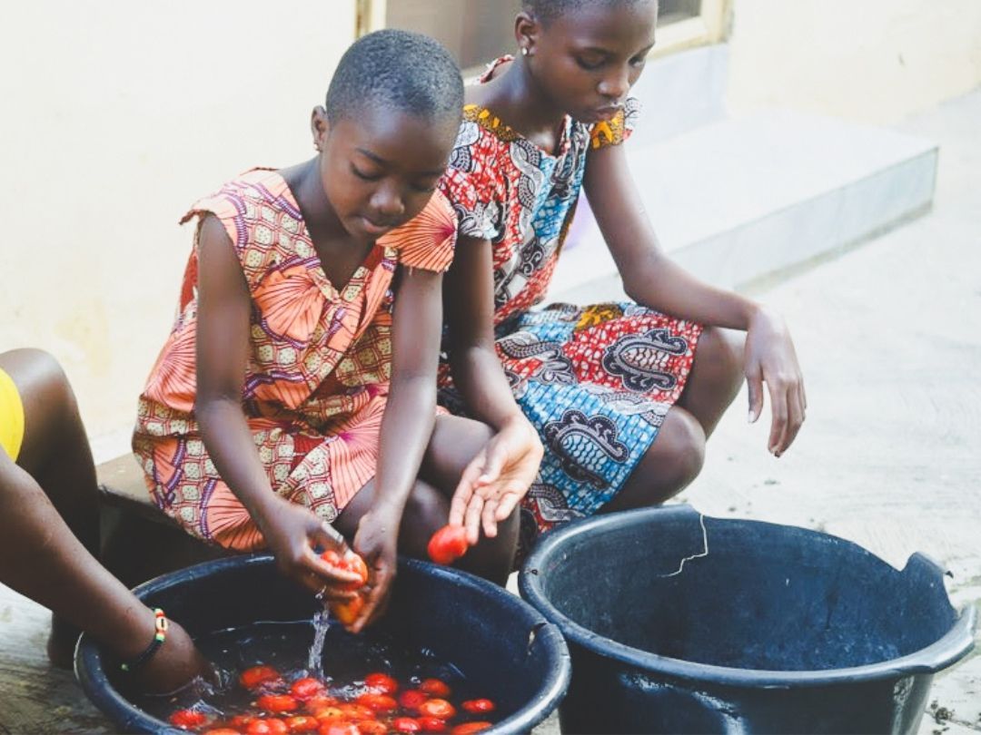 Two girls washing tomatoes in black basins outside.