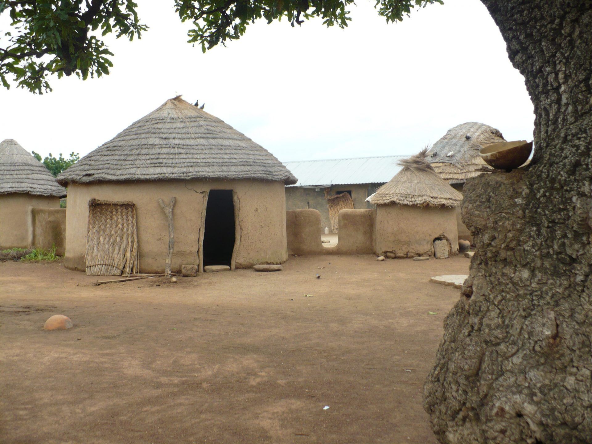 A small hut with a thatched roof sits in the middle of a dirt field