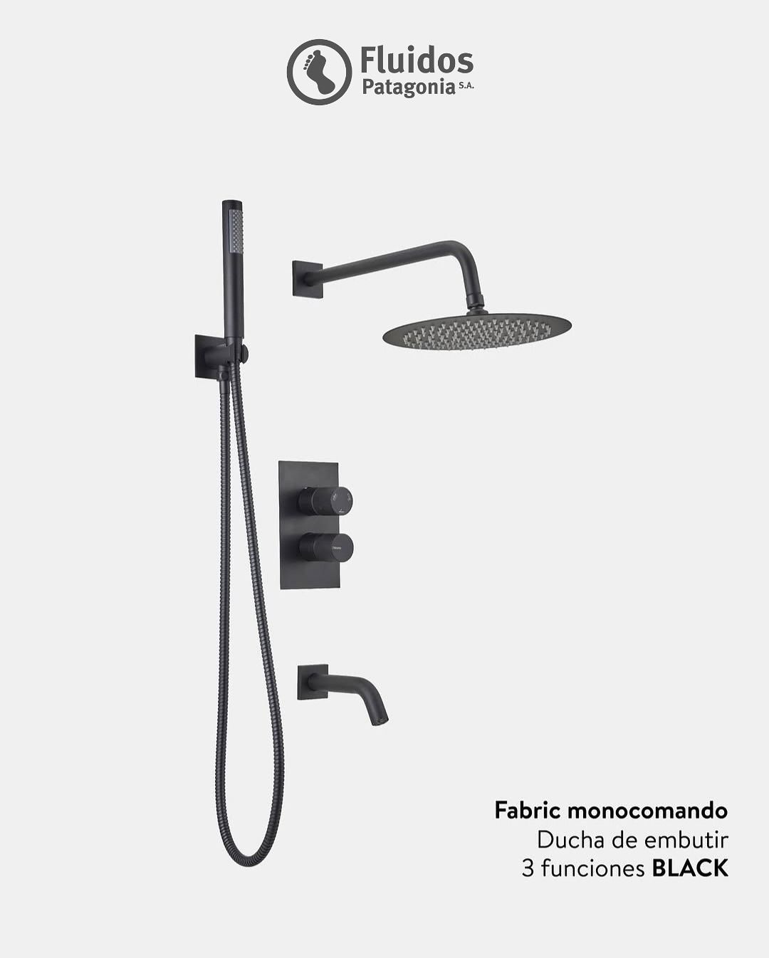 Juego de ducha de color negro con cabezal de ducha de mano tipo lluvia y caño de bañera.