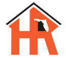 A red house with a black roof and the state of florida on it.