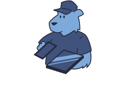a blue bear wearing a hat is holding a tablet .