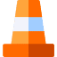 an orange traffic cone with blue and white stripes on a white background .