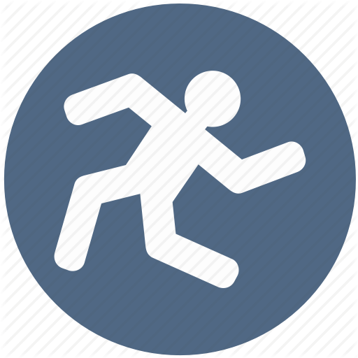 a white silhouette of a person running in a blue circle .