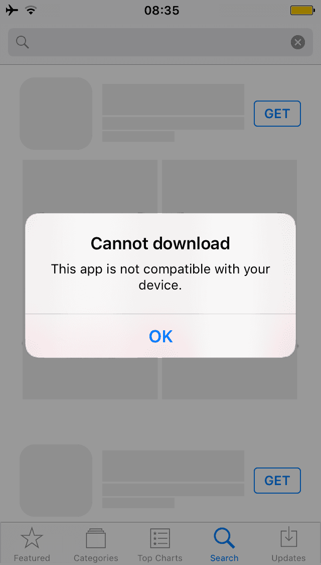 The 'This app is not compatible with your device' screen in the App Store.