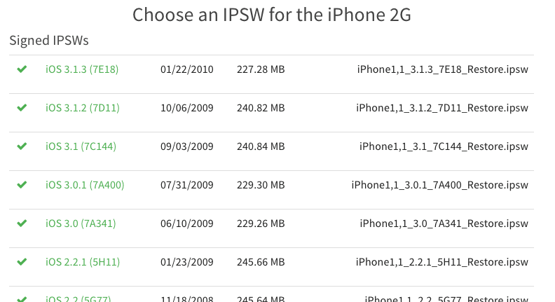 The IPSW list for the iPhone 2G (from ipsw.me)