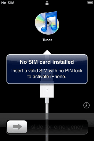 The 'SIM Card' activation screen (iTunes logo with 'No SIM card' popup).