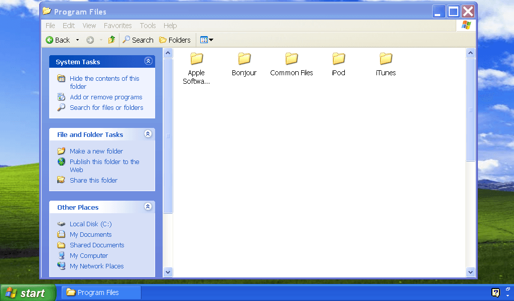 The Program Files folder and its contents on Windows XP.