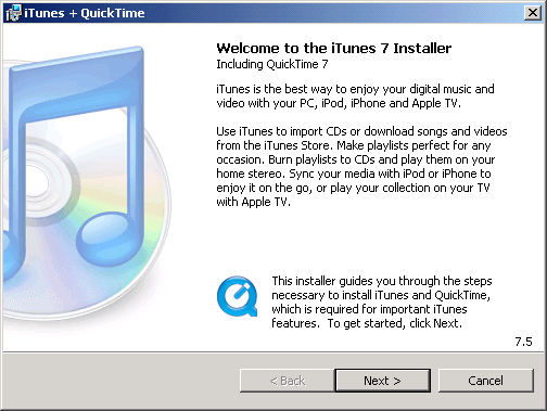 The iTunes 7.5 installer on Windows XP.