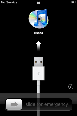 The 'Connect to iTunes' screen (iTunes logo and cable).