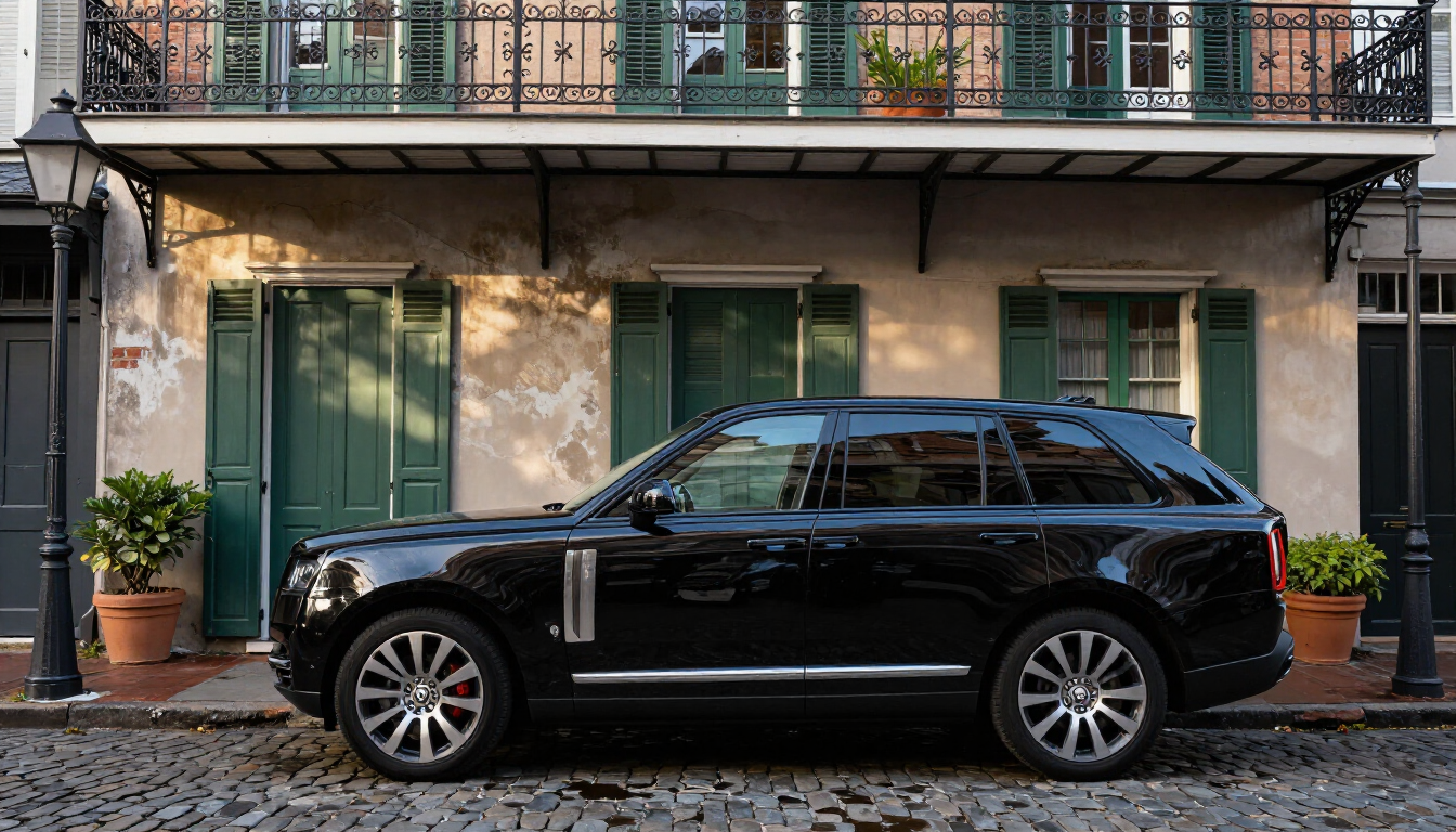 A luxury black car service vehicle in New Orleans.