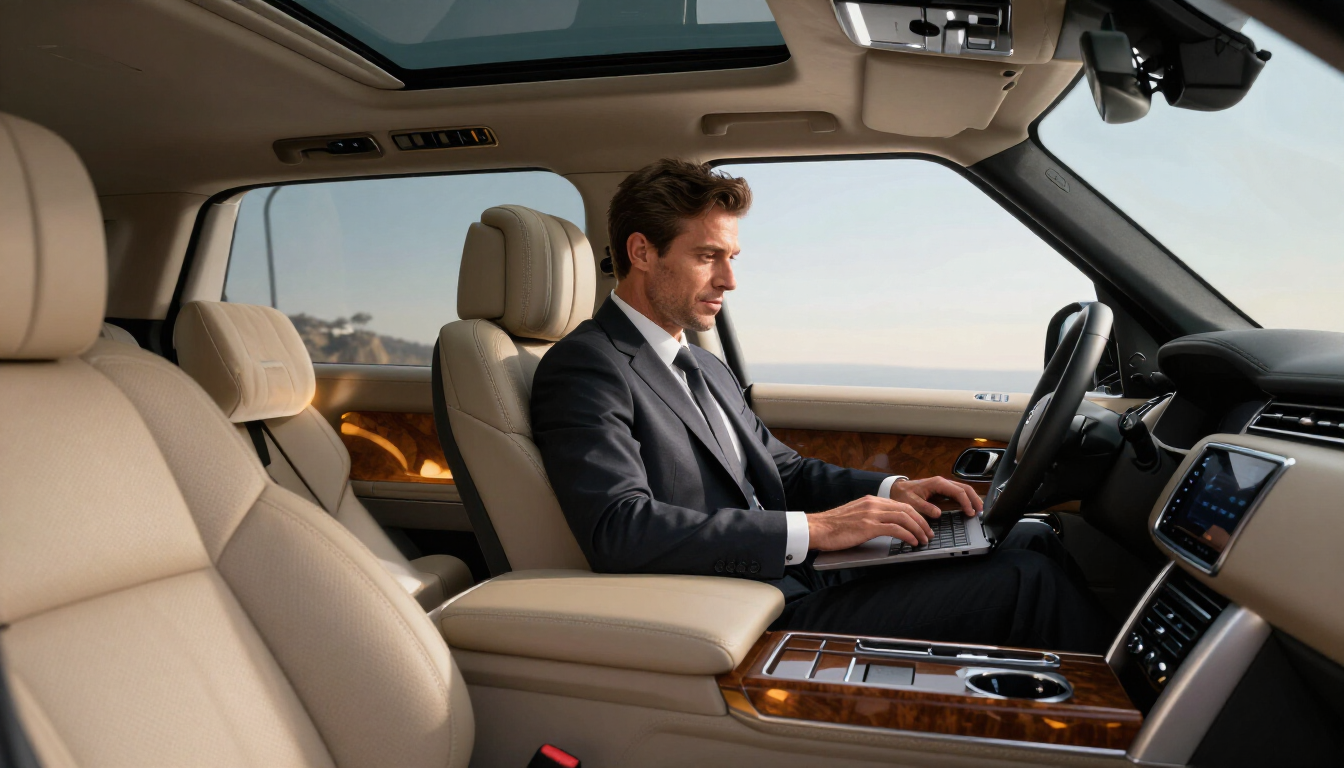 Executive working in luxury SUV