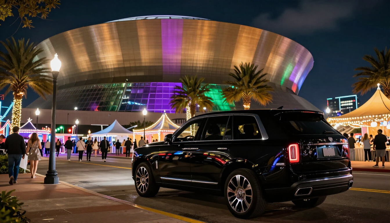 Professional chauffeur opening a luxury car door in New Orleans during Essence Fest