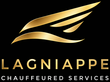 A gold-rimmed circular logo containing a black background and a white cursive letter L.