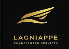 A gold-rimmed circular logo containing a black background and a white cursive letter L.