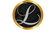 A gold-rimmed circular logo containing a black background and a white cursive letter L.