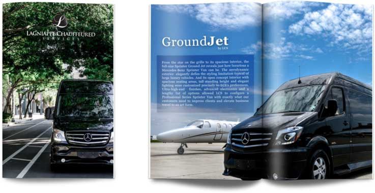 A brochure for GroundJet showing black Mercedes-Benz luxury vans, one on a road and another parked near a private jet.