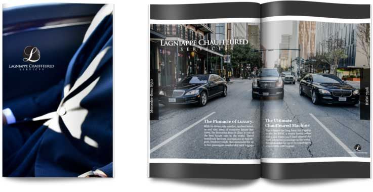 A brochure for Lafayette Chauffeur showing black cars in a city street and a person in a suit.