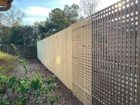 Backyard with tall wooden fence along a narrow garden path and trees beyond.