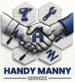 Handyman Services logo with clasped hands holding a house, surrounded by tool icons in blue-gray.