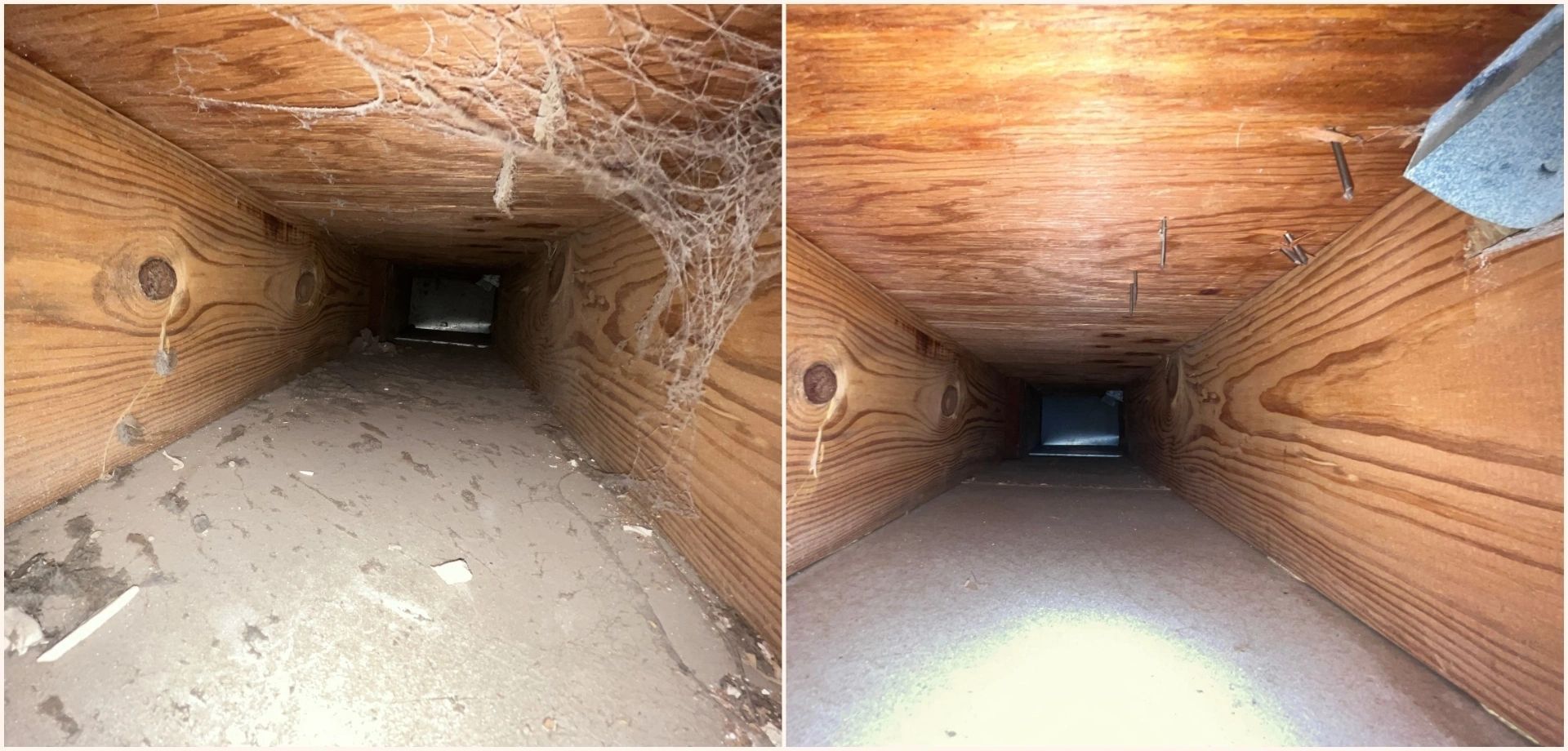 Comparison of a dirty and clean crawlspace duct