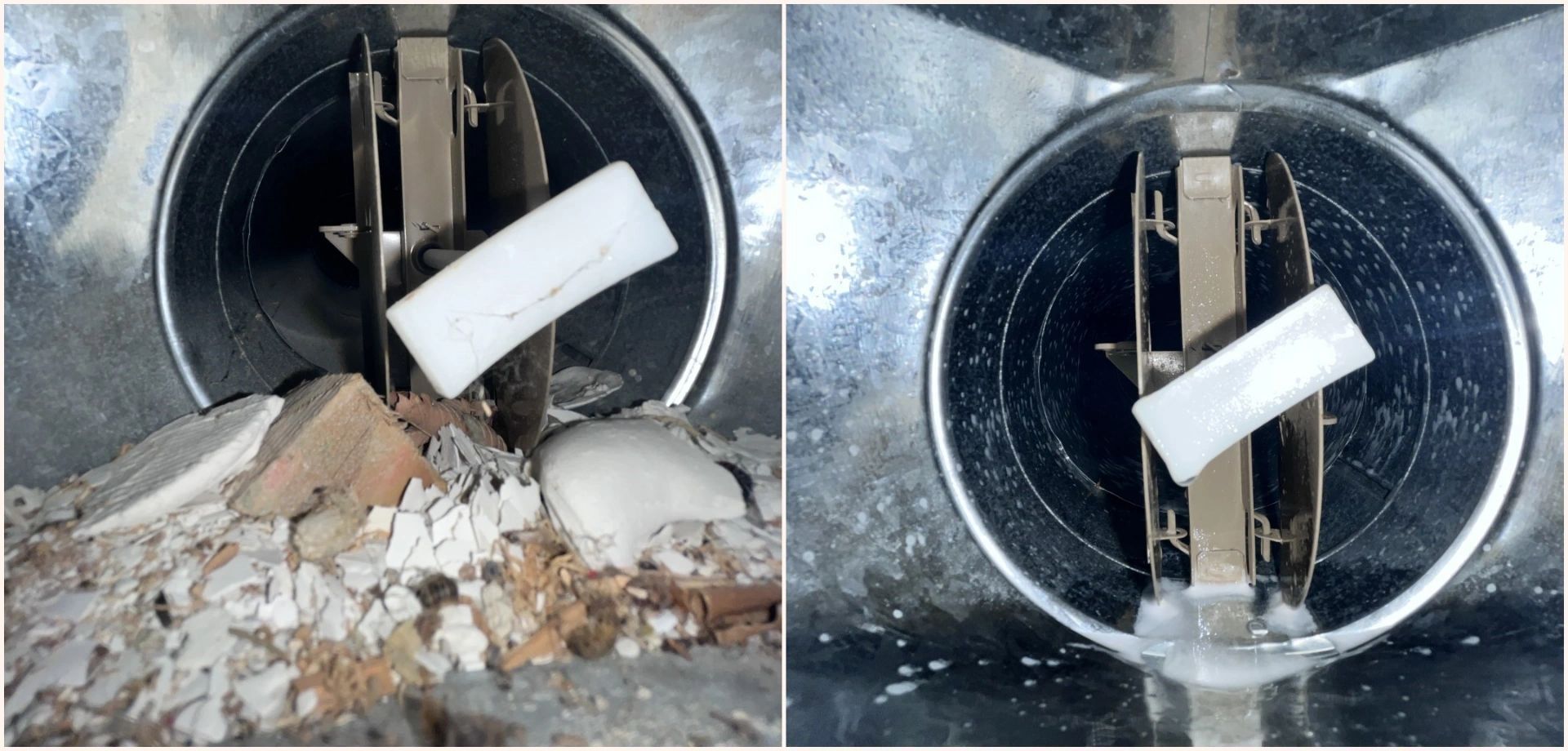 Two views inside a metal appliance