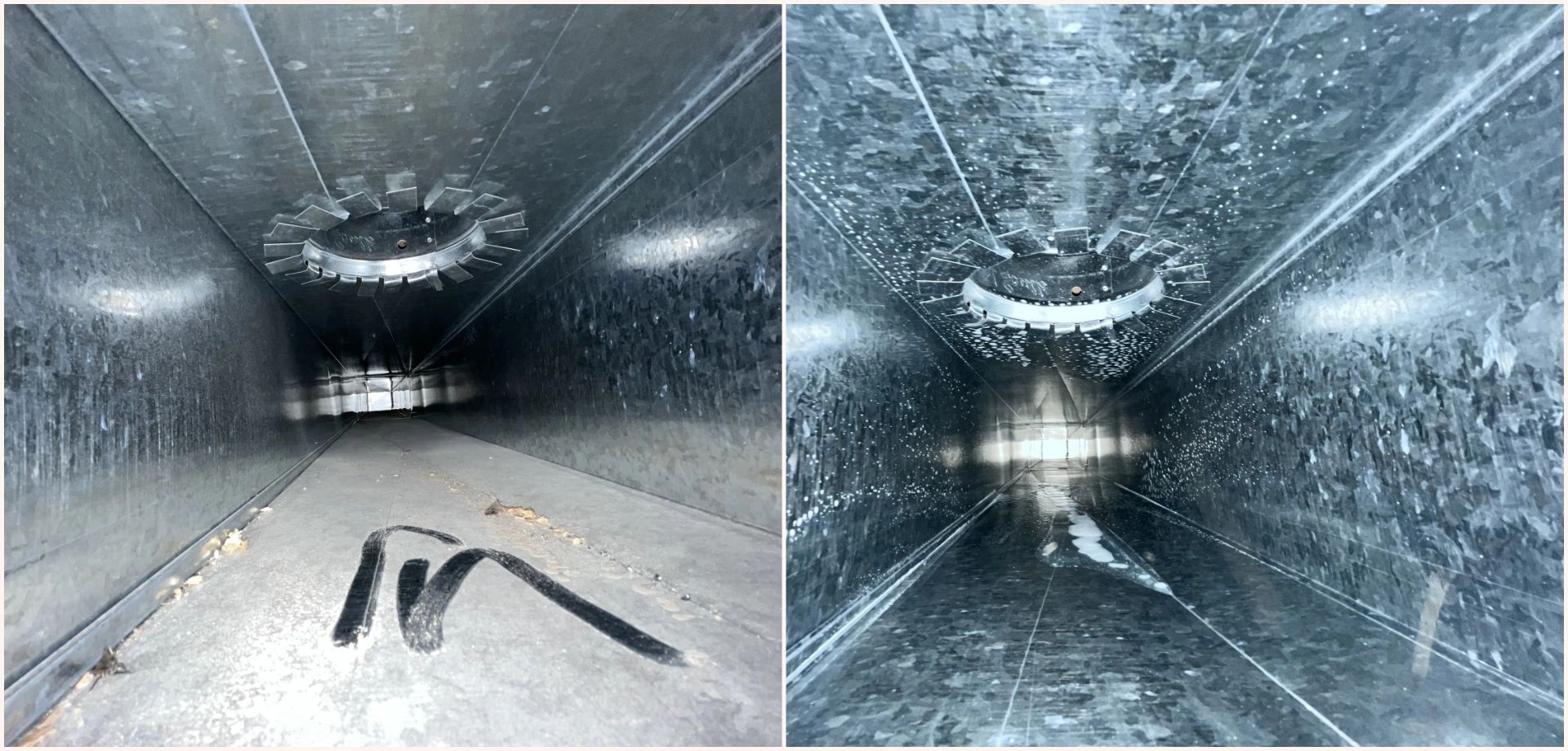 Inside view of a metallic duct with debris