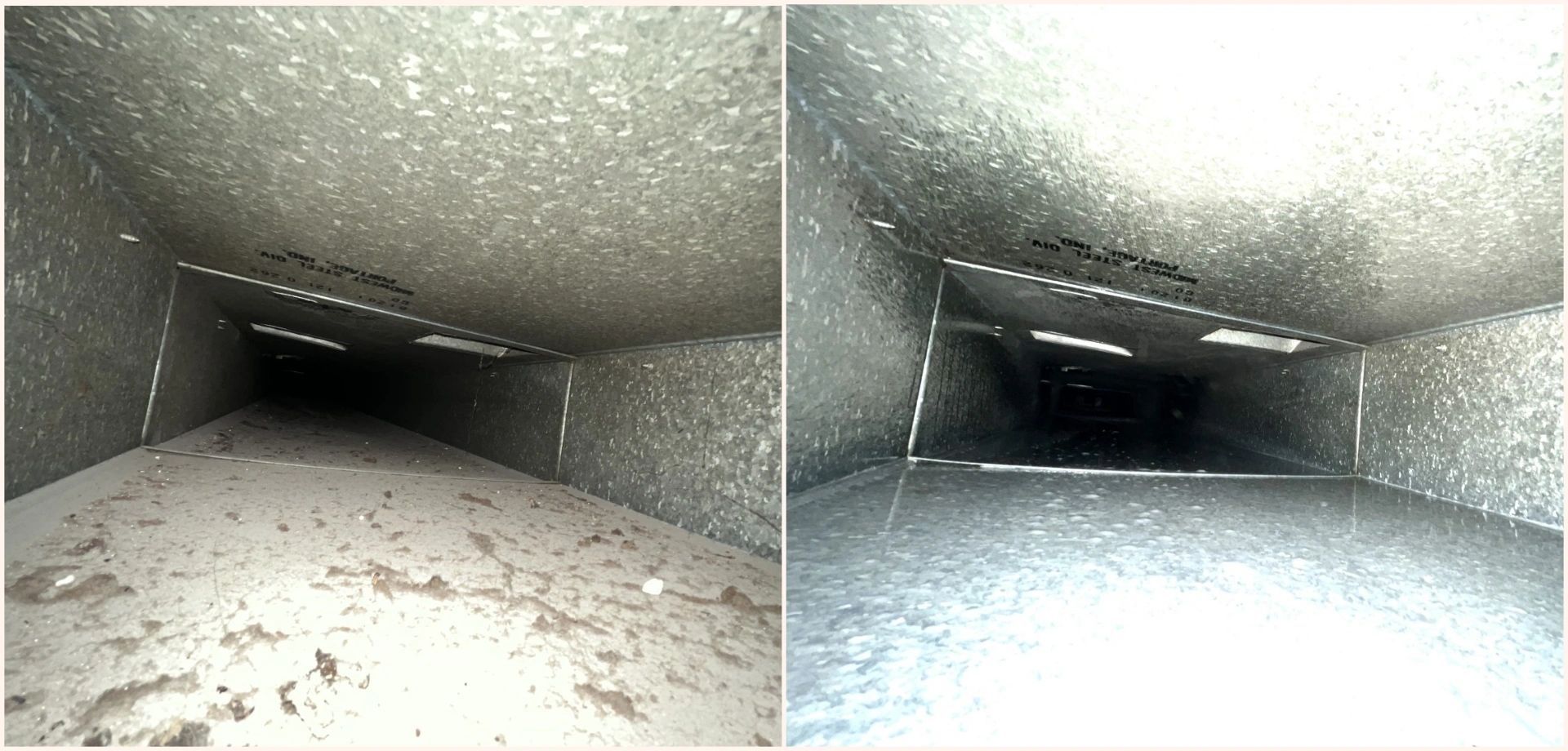 Two views of an air duct before and after cleaning