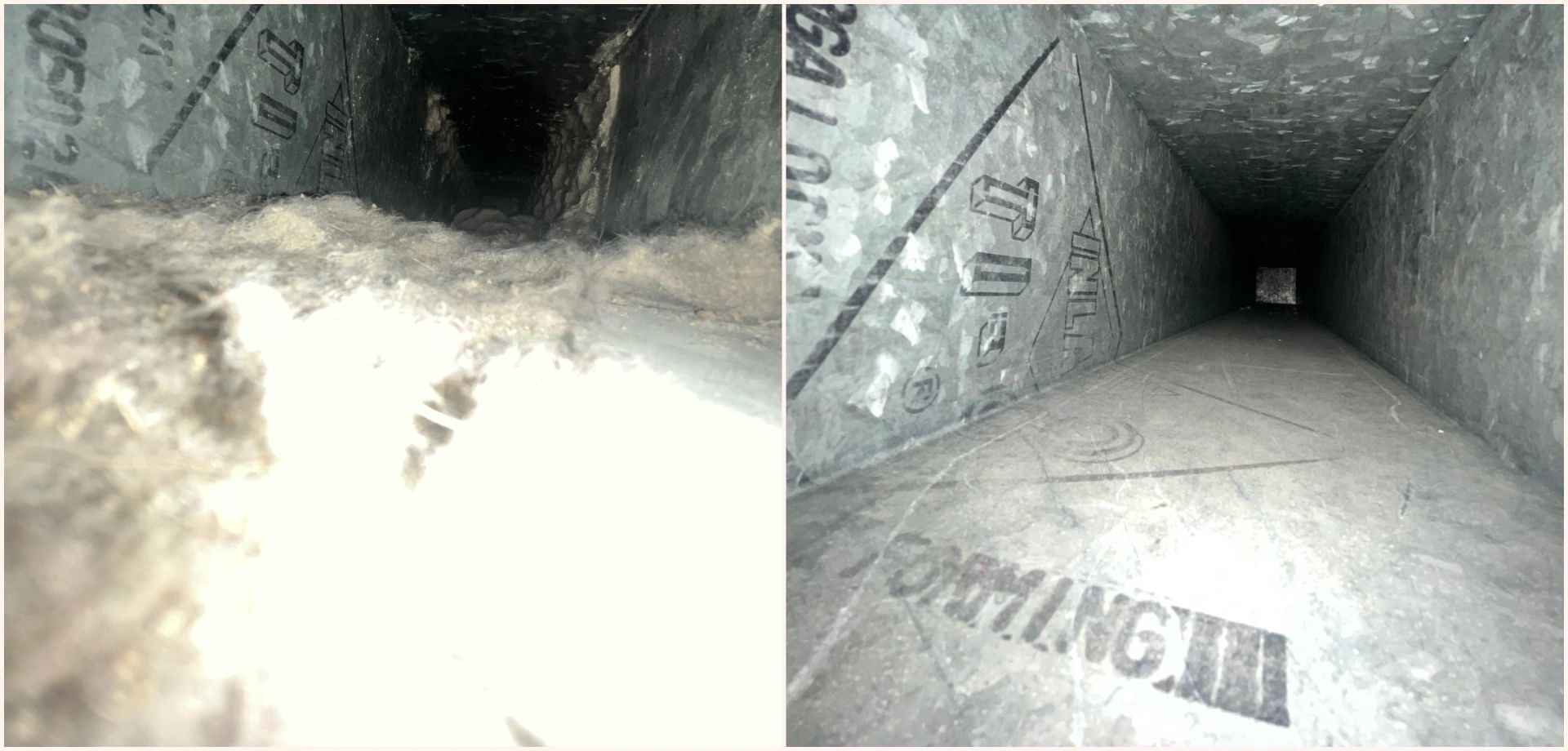 Inside view of air duct, showing before and after cleaning