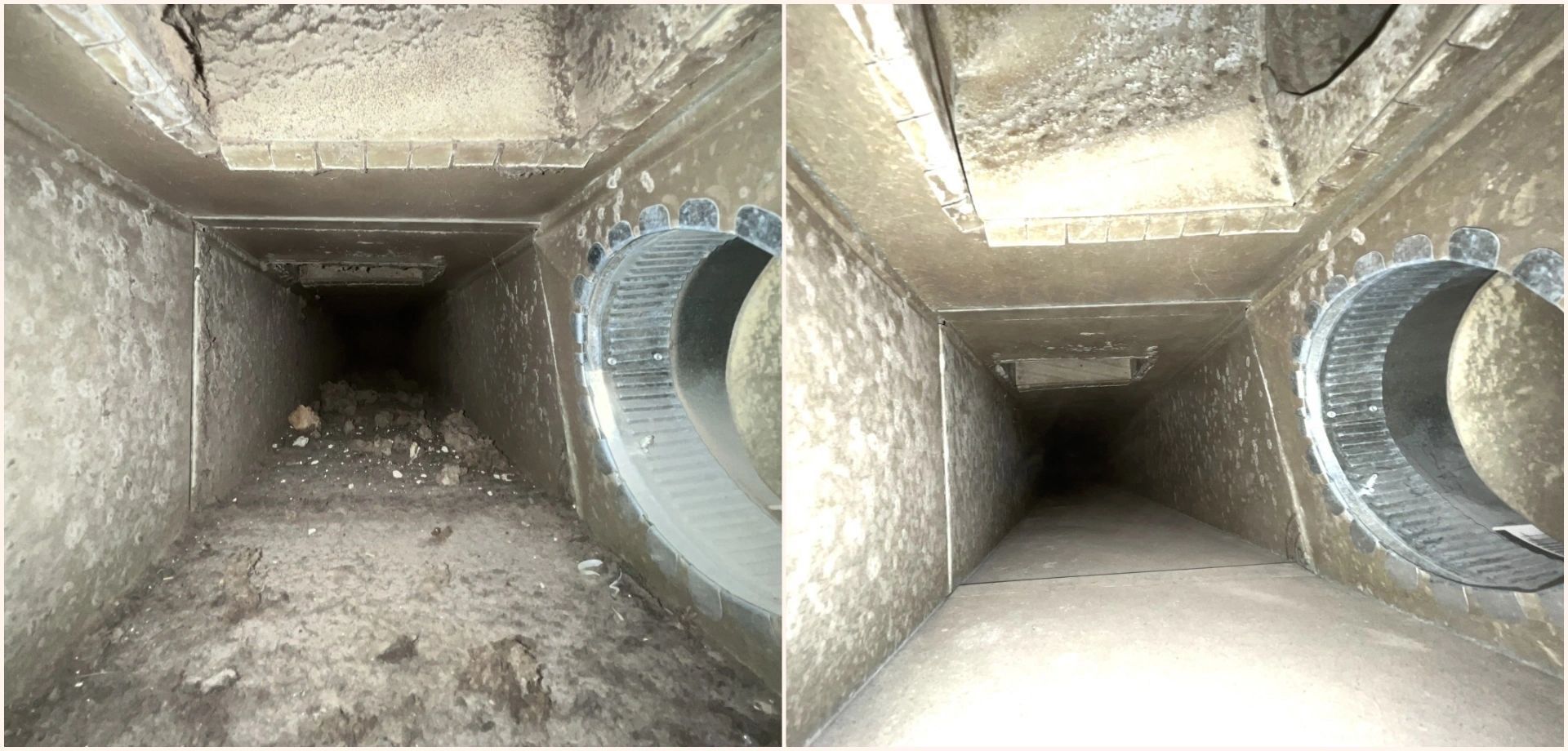 A dirty air duct next to a clean one
