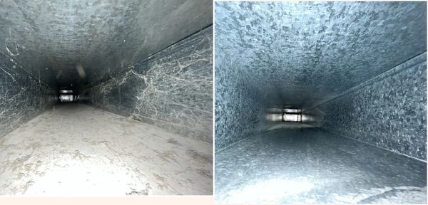 Before and after view of a rectangular air duct