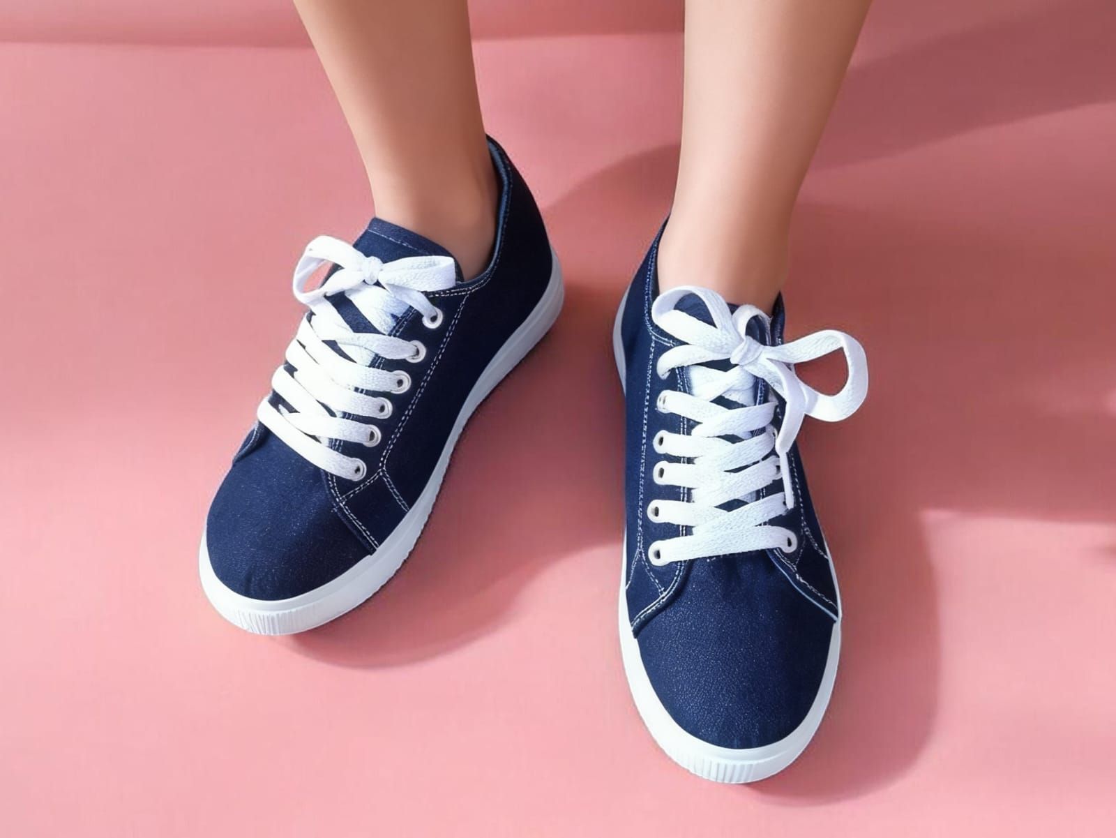 Un par de zapatillas deportivas de mezclilla oscura con cordones blancos y suela blanca sobre un fondo rosa liso.