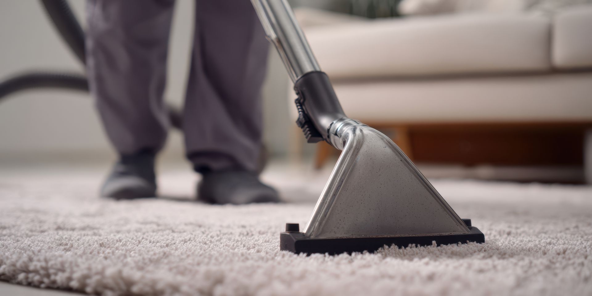 An unrecognized worker cleaning a plush living room carpet.