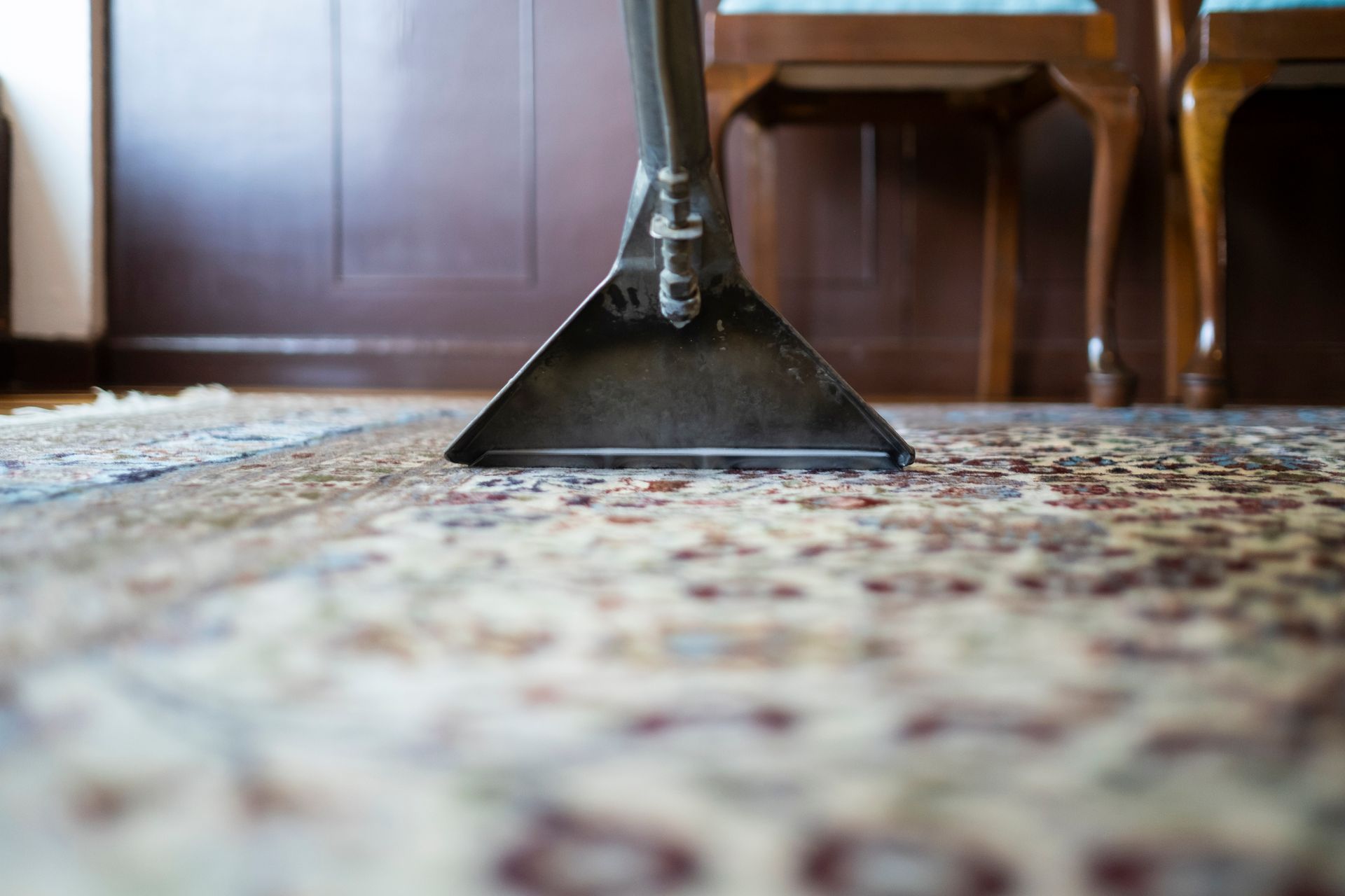 A steam cleaner is used on a patterned carpet.
