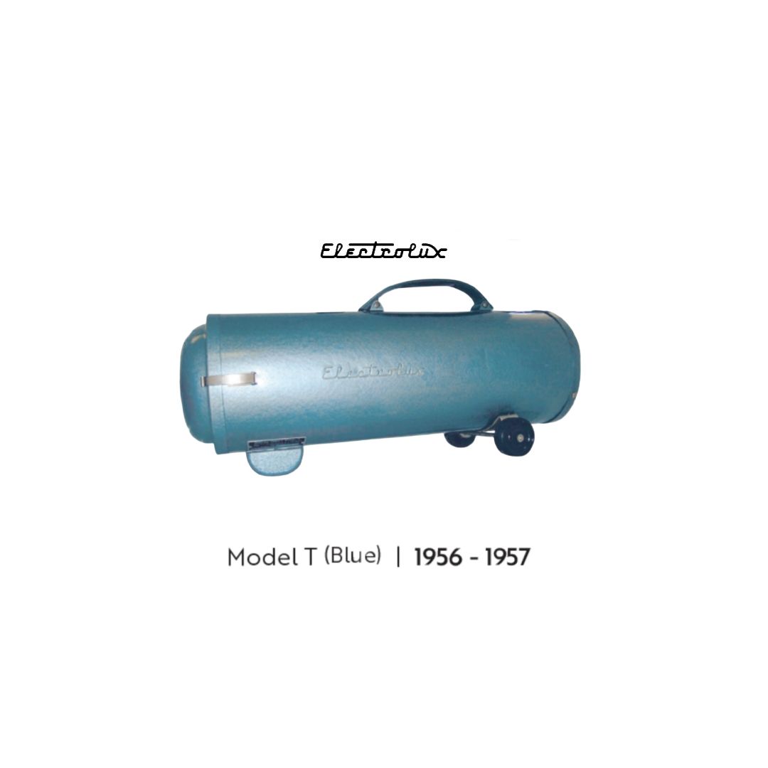 A blue Electrolux Model T canister vacuum cleaner on wheels, produced from 1956 to 1957.