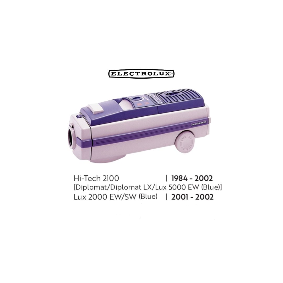 An Electrolux vacuum cleaner in blue and white, with text listing the Hi-Tech 2100 and Lux 2000 models and years.